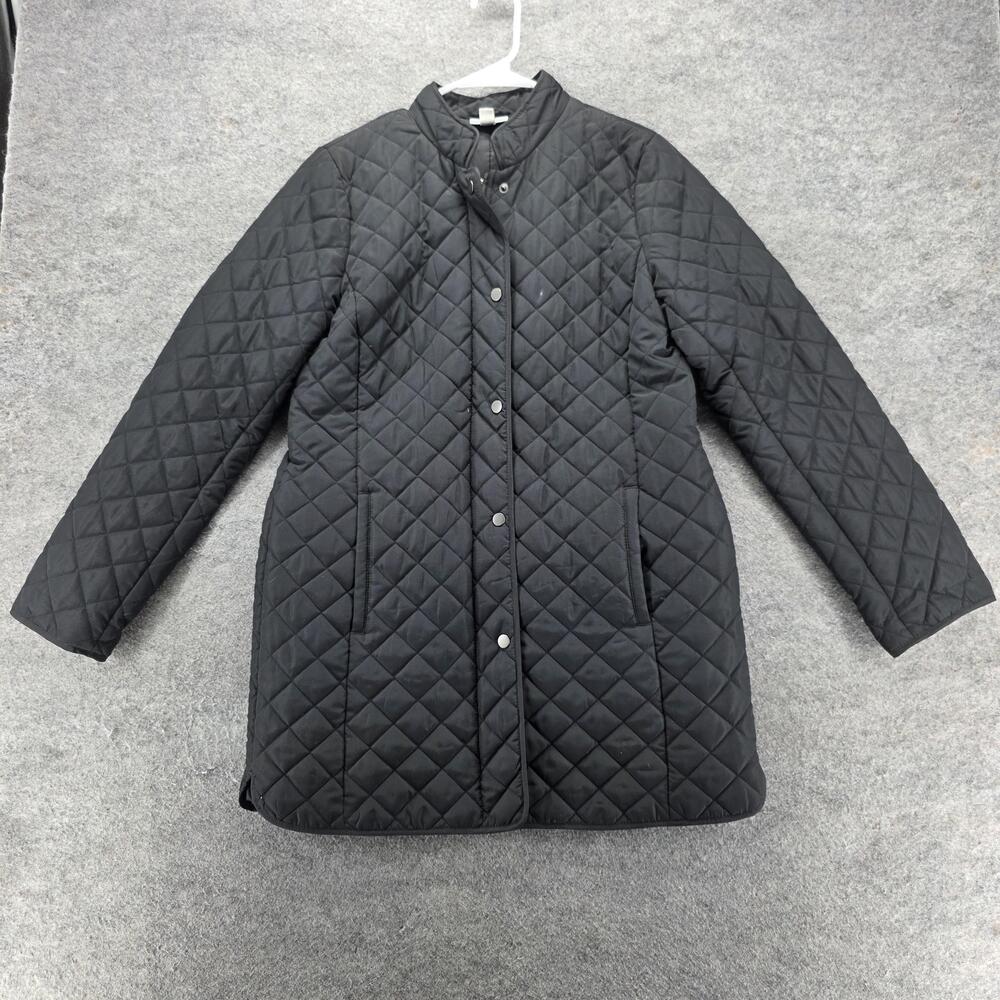 J. Jill Coat Womens XS Black Quilted Mid Length Snap Front Pockets Lined